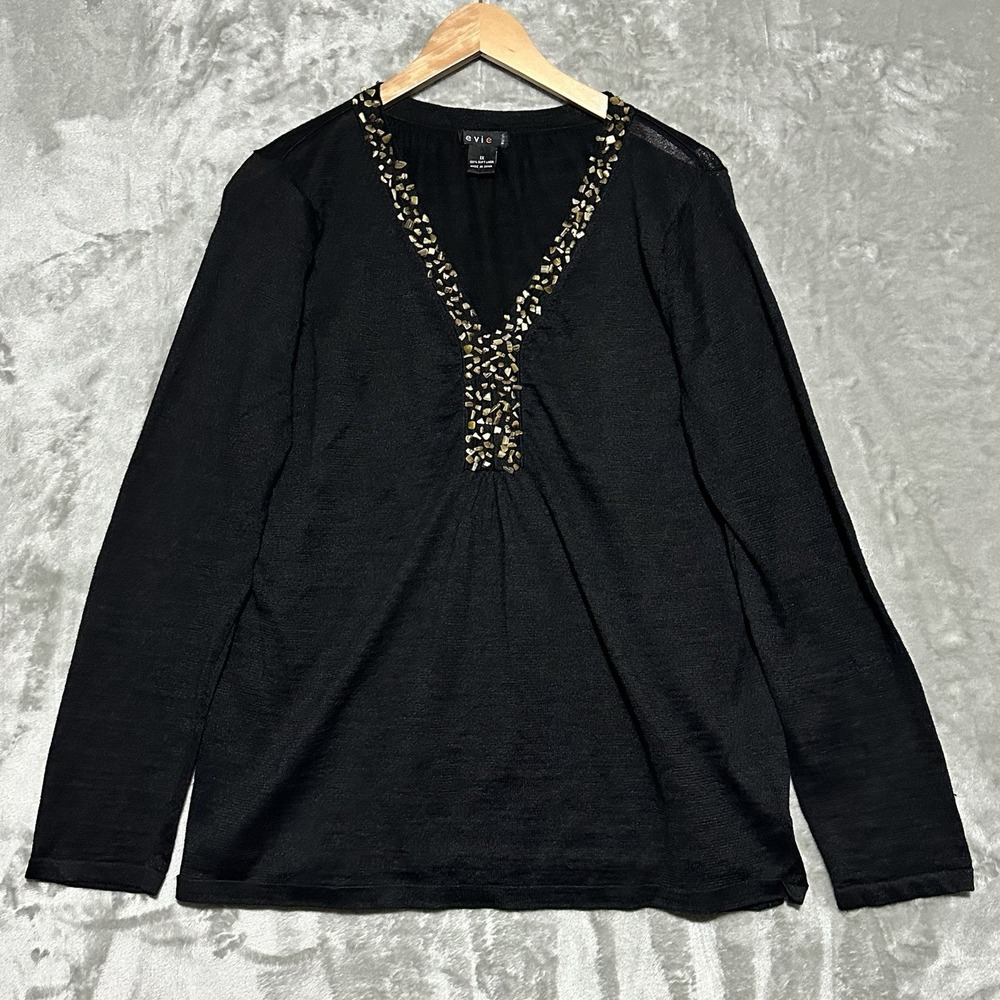 Evie Womens Soft Linen Embellished Popover Tunic Top Sz 1X Black Coastal Casual